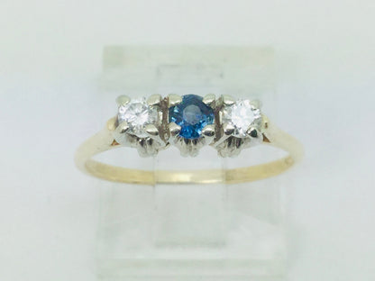 10k Yellow Gold Round Cut 12pt Sapphire September Birthstone & 14pt Diamond Trinity Ring