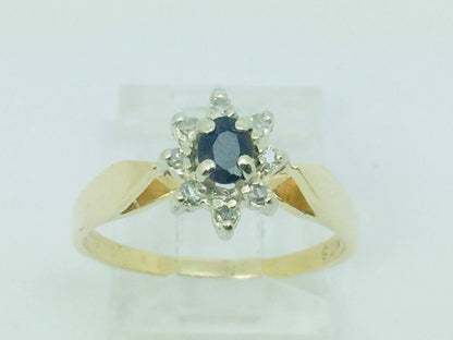 14k Yellow Gold Oval Cut 20pt Sapphire September Birthstone & 8pt Diamond Halo Ring