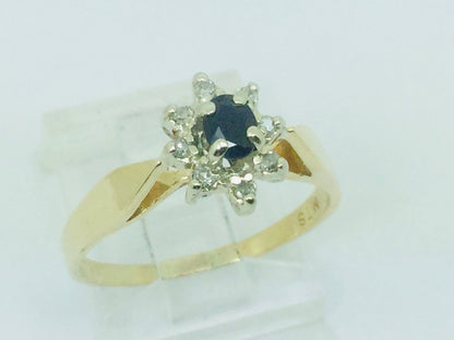 14k Yellow Gold Oval Cut 20pt Sapphire September Birthstone & 8pt Diamond Halo Ring