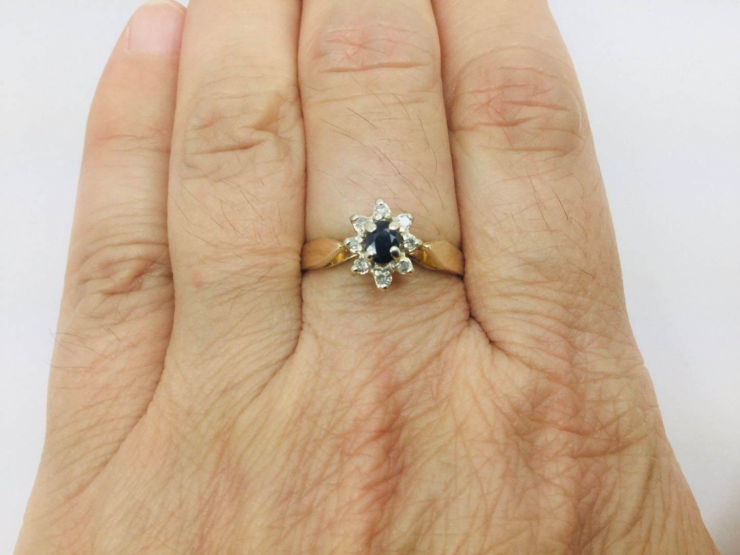 14k Yellow Gold Oval Cut 20pt Sapphire September Birthstone & 8pt Diamond Halo Ring