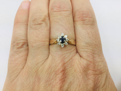 14k Yellow Gold Oval Cut 20pt Sapphire September Birthstone & 8pt Diamond Halo Ring