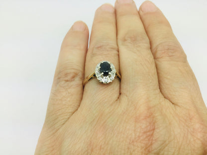 9k Yellow Gold Oval Cut 0.5ct Sapphire September Birthstone & 5pt Diamond Halo Ring