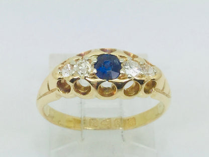 18k Yellow Gold Round Cut 20pt Sapphire September Birthstone & 18pt Diamond Ring
