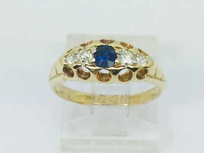 18k Yellow Gold Round Cut 20pt Sapphire September Birthstone & 18pt Diamond Ring