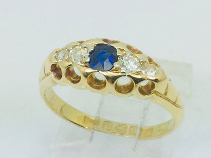 18k Yellow Gold Round Cut 20pt Sapphire September Birthstone & 18pt Diamond Ring