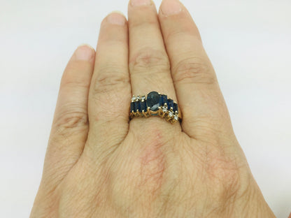 14k Yellow Gold Oval Cut and Baguette Cut 48pt Sapphire & 9pt Diamond Ring