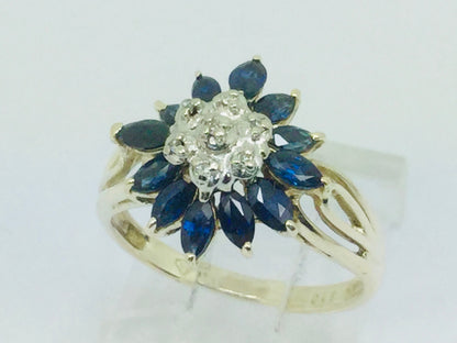 10k Yellow Gold Marquise Cut 2ct Sapphire September Birthstone & 3pt Diamond Floral Cluster Ring
