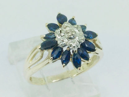 10k Yellow Gold Marquise Cut 2ct Sapphire September Birthstone & 3pt Diamond Floral Cluster Ring