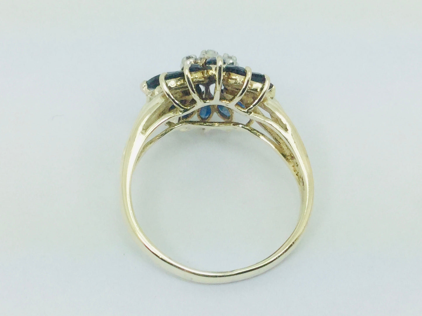 10k Yellow Gold Marquise Cut 2ct Sapphire September Birthstone & 3pt Diamond Floral Cluster Ring