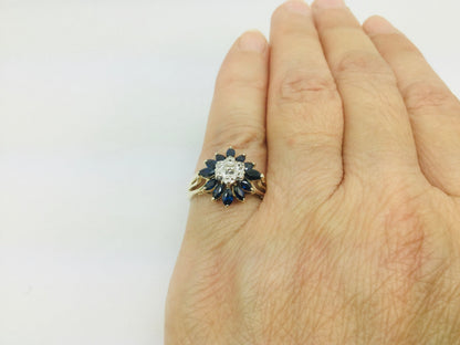 10k Yellow Gold Marquise Cut 2ct Sapphire September Birthstone & 3pt Diamond Floral Cluster Ring