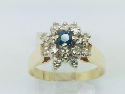 14k Yellow Gold Round Cut 0.16ct Sapphire September Birthstone & 0.32ct Diamond Halo Cluster Ring