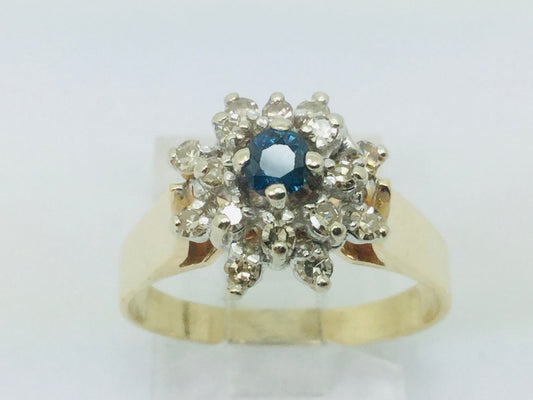 14k Yellow Gold Round Cut 0.16ct Sapphire September Birthstone & 0.32ct Diamond Halo Cluster Ring