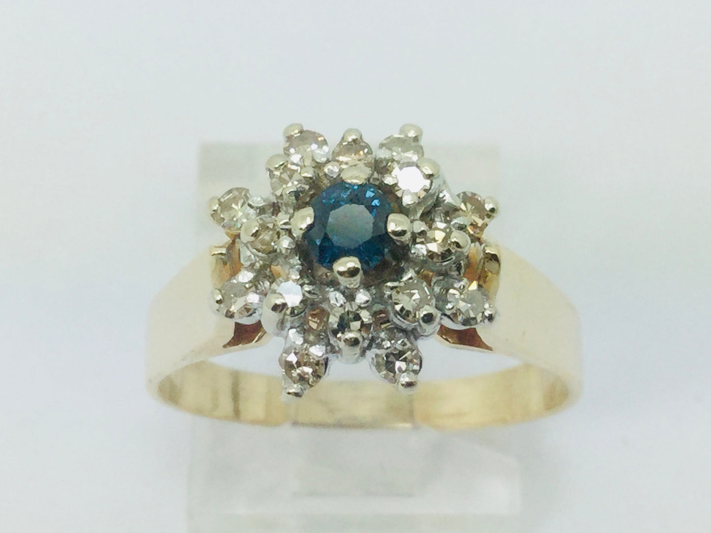 14k Yellow Gold Round Cut 0.16ct Sapphire September Birthstone & 0.32ct Diamond Halo Cluster Ring