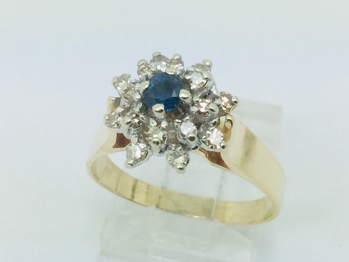 14k Yellow Gold Round Cut 0.16ct Sapphire September Birthstone & 0.32ct Diamond Halo Cluster Ring
