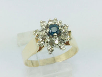 14k Yellow Gold Round Cut 0.16ct Sapphire September Birthstone & 0.32ct Diamond Halo Cluster Ring