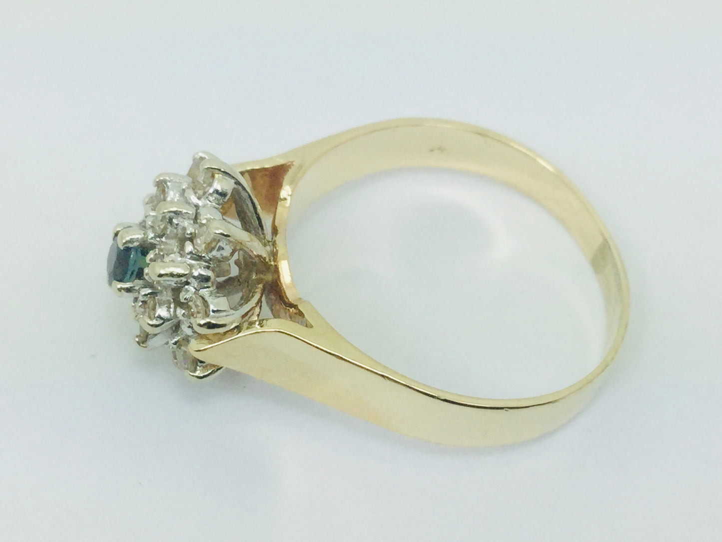 14k Yellow Gold Round Cut 0.16ct Sapphire September Birthstone & 0.32ct Diamond Halo Cluster Ring