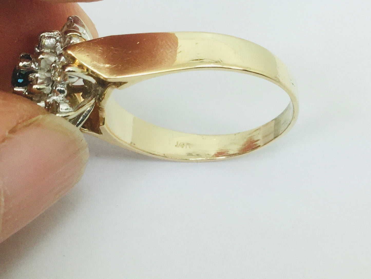 14k Yellow Gold Round Cut 0.16ct Sapphire September Birthstone & 0.32ct Diamond Halo Cluster Ring