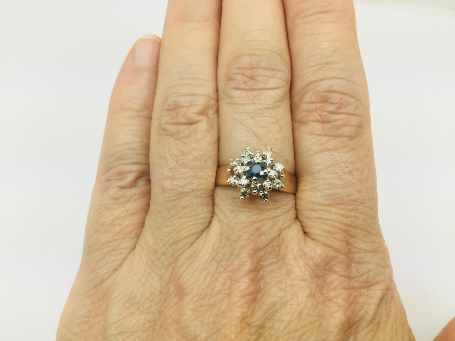 14k Yellow Gold Round Cut 0.16ct Sapphire September Birthstone & 0.32ct Diamond Halo Cluster Ring