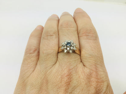 14k Yellow Gold Round Cut 0.16ct Sapphire September Birthstone & 0.32ct Diamond Halo Cluster Ring