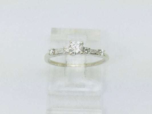 14k White Gold Round Cut 23pt Diamond with Round and Baguette Diamond Accents Ring