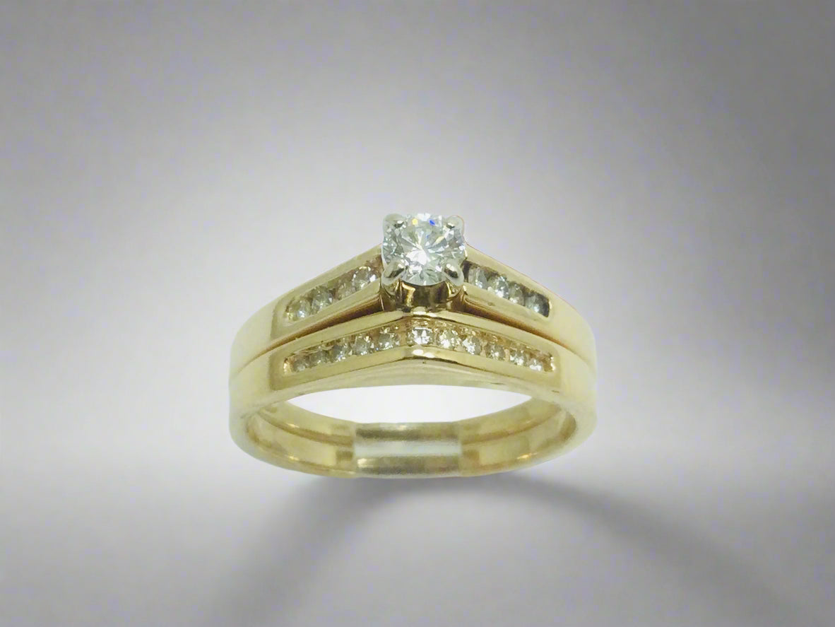 14k Yellow Gold Round Cut 39pt Diamond Channel Set Engagement Ring & Wedding Band Set