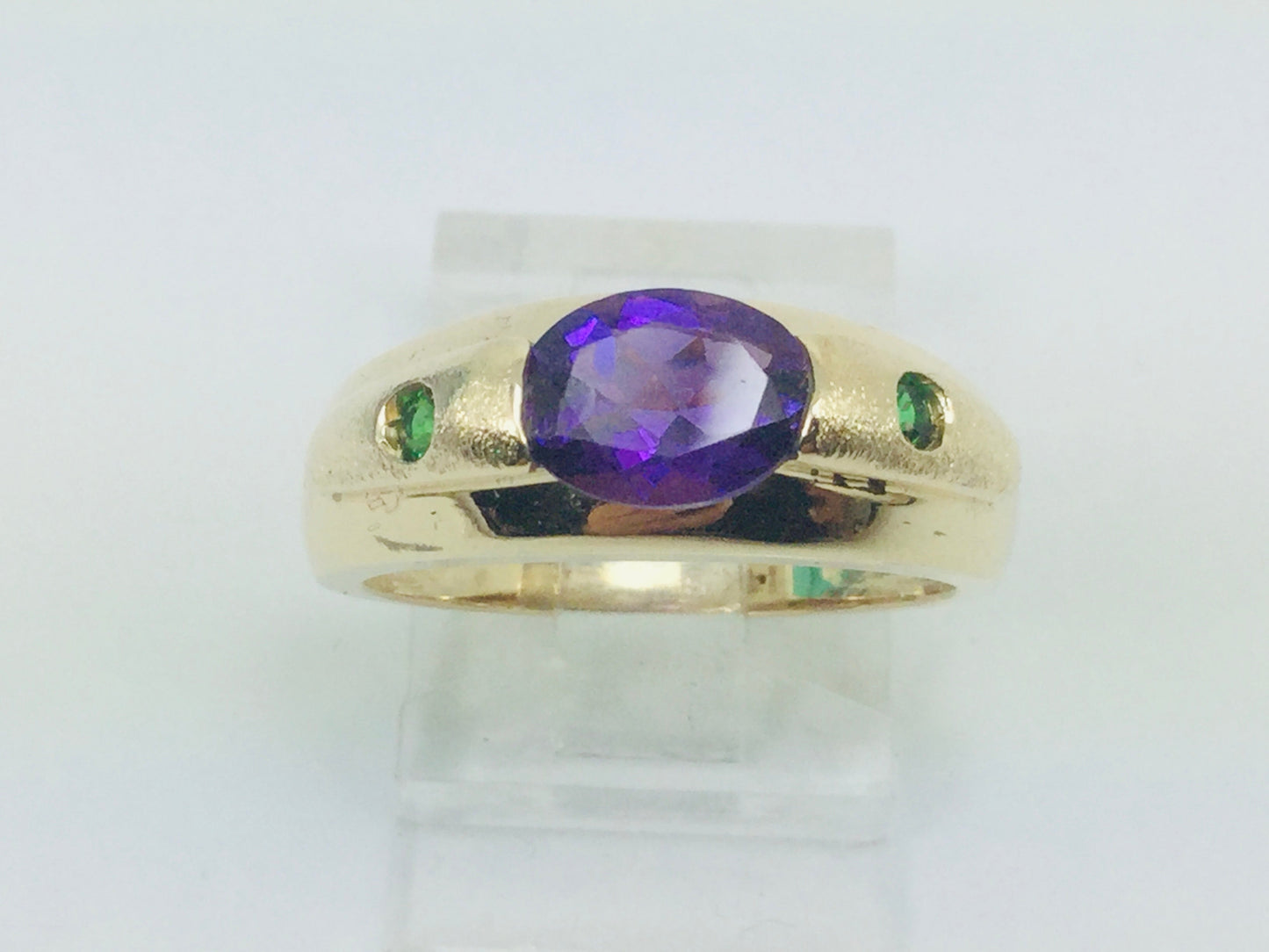 14k Yellow Gold Oval Cut Amethyst February Birthstone & Emerald Ring
