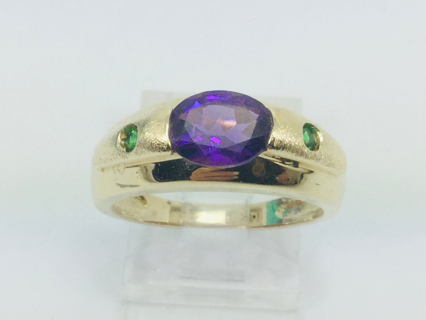 14k Yellow Gold Oval Cut Amethyst February Birthstone & Emerald Ring