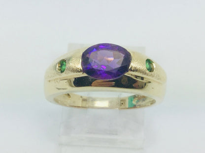 14k Yellow Gold Oval Cut Amethyst February Birthstone & Emerald Ring