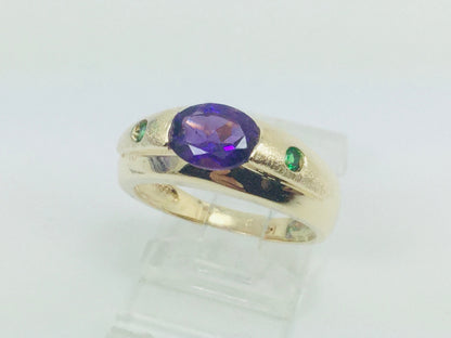 14k Yellow Gold Oval Cut Amethyst February Birthstone & Emerald Ring