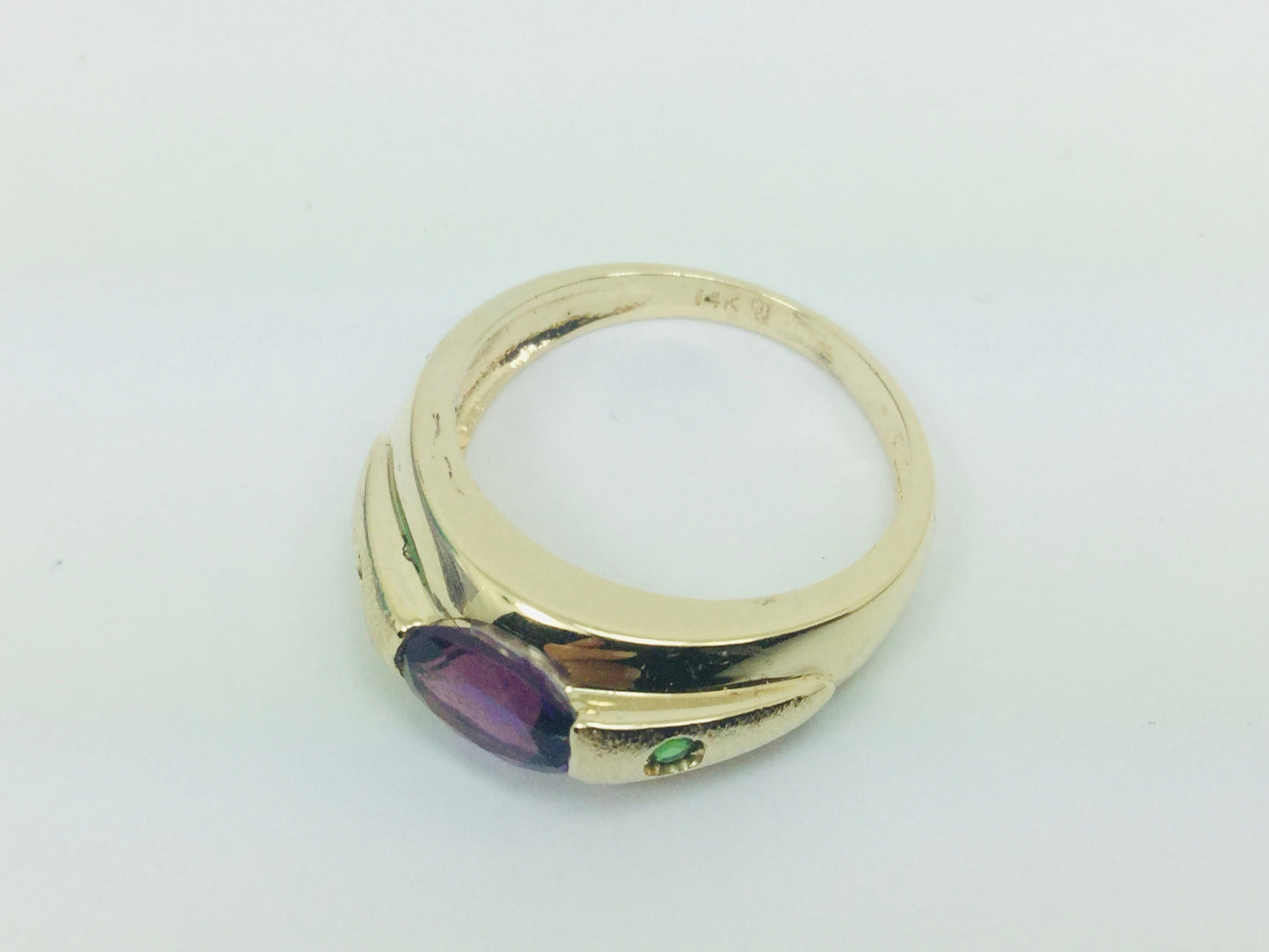 14k Yellow Gold Oval Cut Amethyst February Birthstone & Emerald Ring