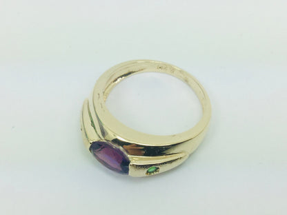 14k Yellow Gold Oval Cut Amethyst February Birthstone & Emerald Ring