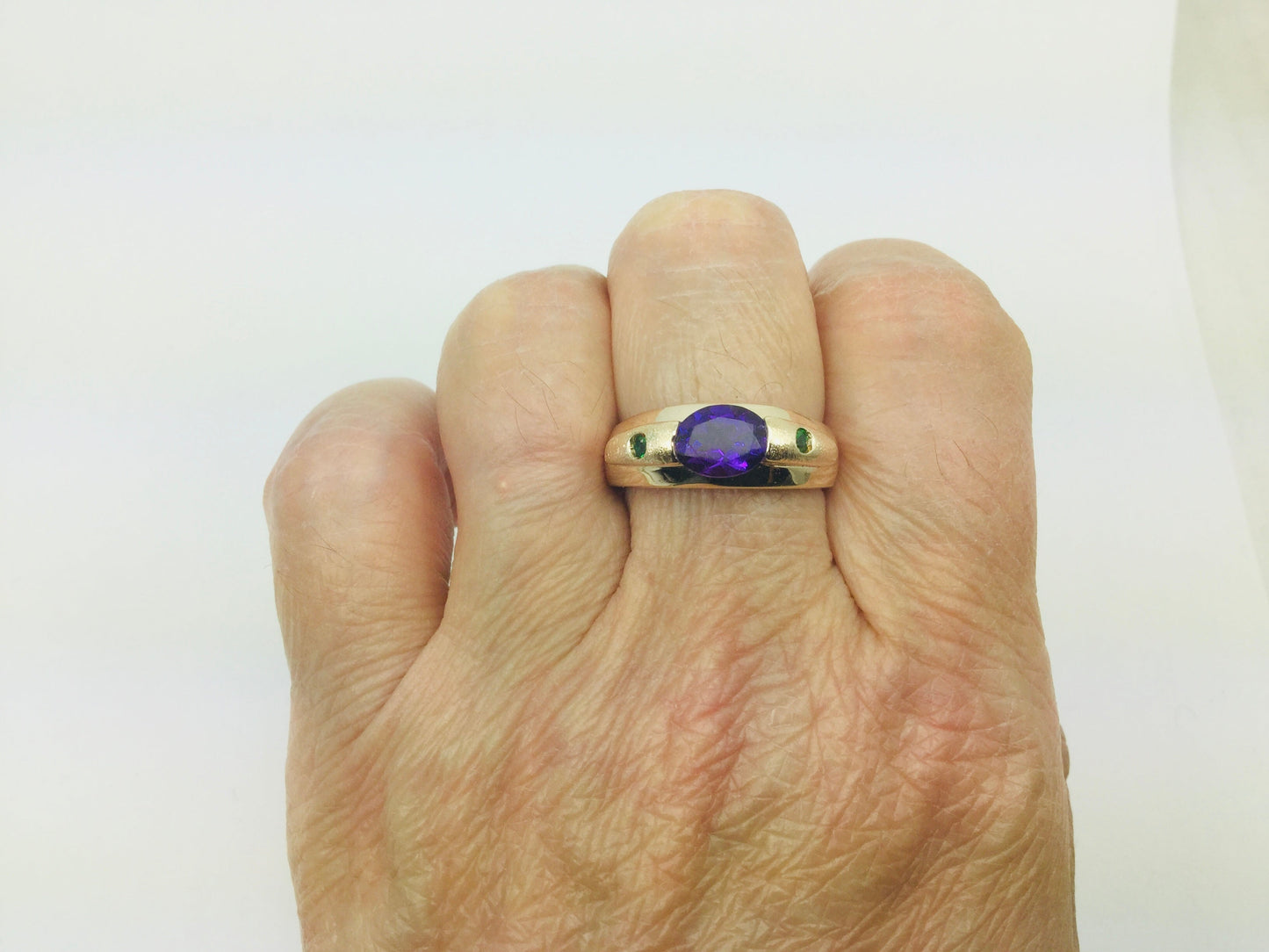 14k Yellow Gold Oval Cut Amethyst February Birthstone & Emerald Ring