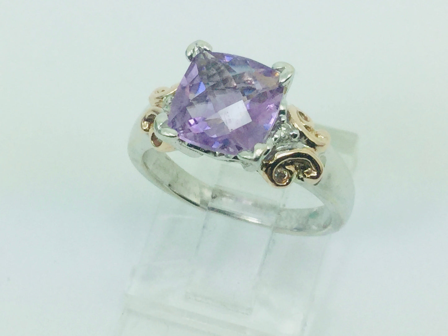 14k White Gold Cushion Cut Amethyst February Birthstone & Diamond Ring