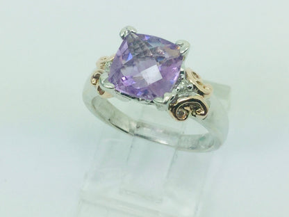 14k White Gold Cushion Cut Amethyst February Birthstone & Diamond Ring