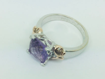 14k White Gold Cushion Cut Amethyst February Birthstone & Diamond Ring