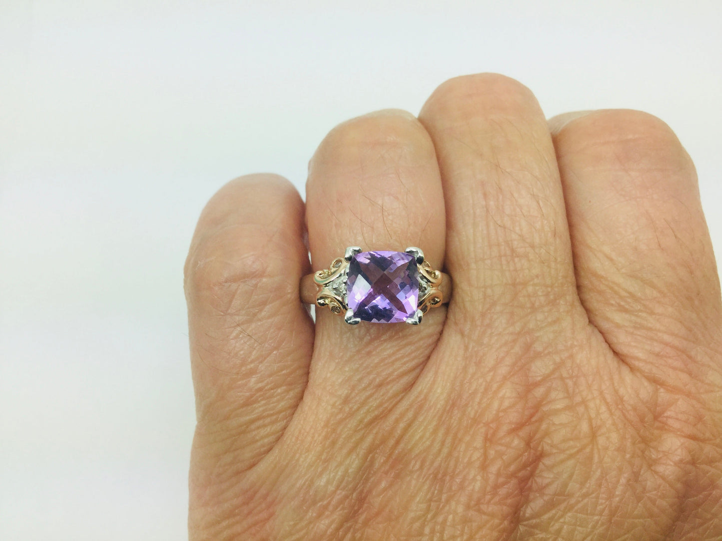 14k White Gold Cushion Cut Amethyst February Birthstone & Diamond Ring