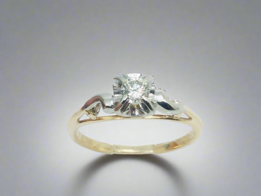 14k Yellow & White Gold Round Cut 0.15ct Diamond Solitaire Ring