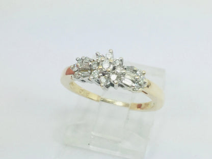 14k Yellow Gold Round and Baguette Cut 34pt Diamond Cluster Ring
