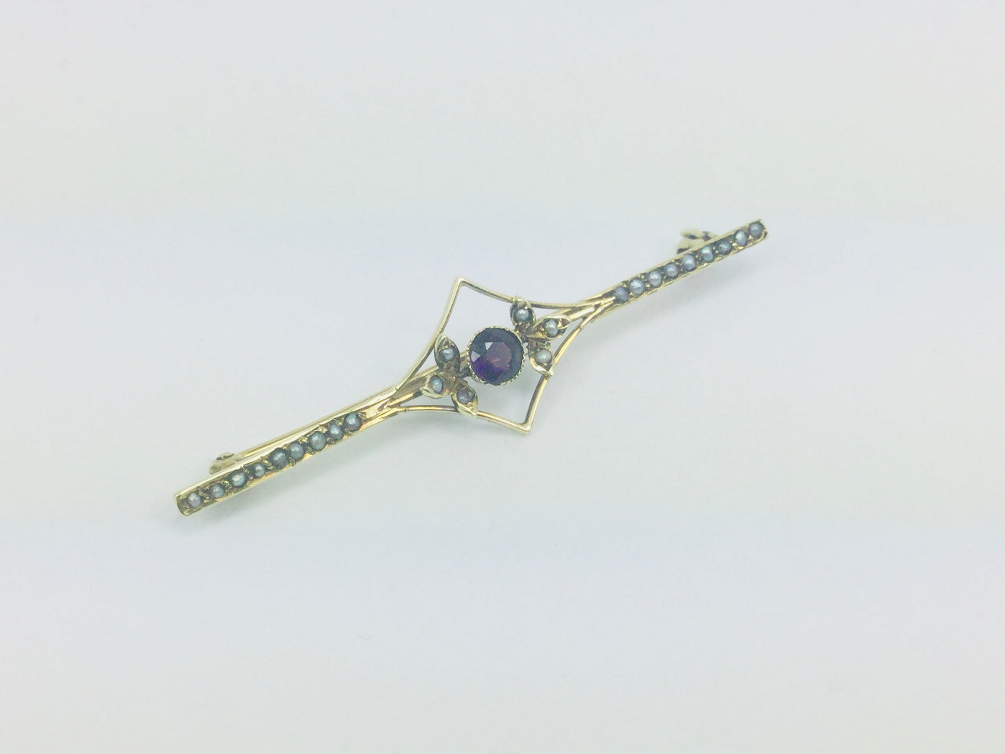 14k Yellow Gold Amethyst and Seed Pearl Vintage Brooch Pin