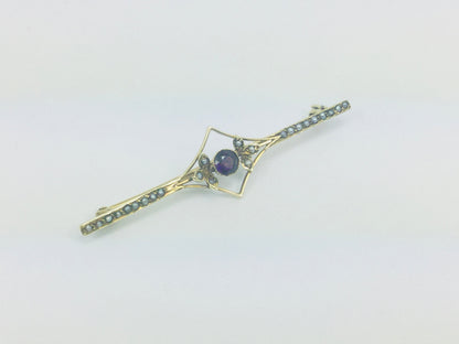 14k Yellow Gold Amethyst and Seed Pearl Vintage Brooch Pin