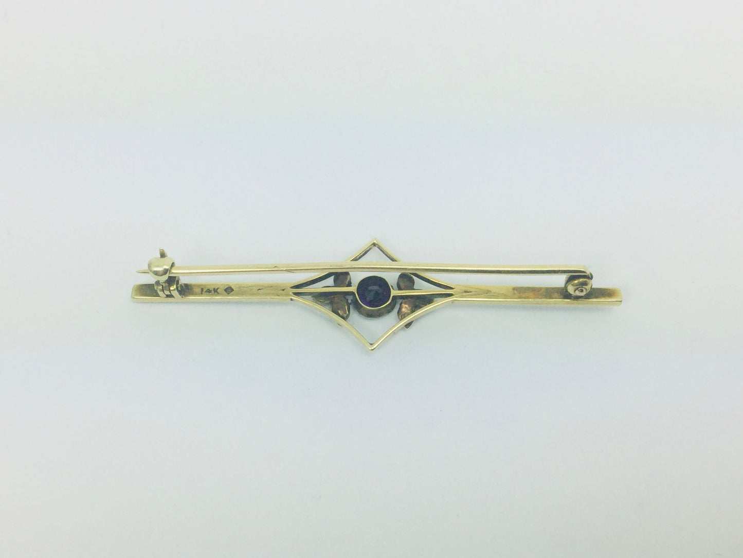 14k Yellow Gold Amethyst and Seed Pearl Vintage Brooch Pin