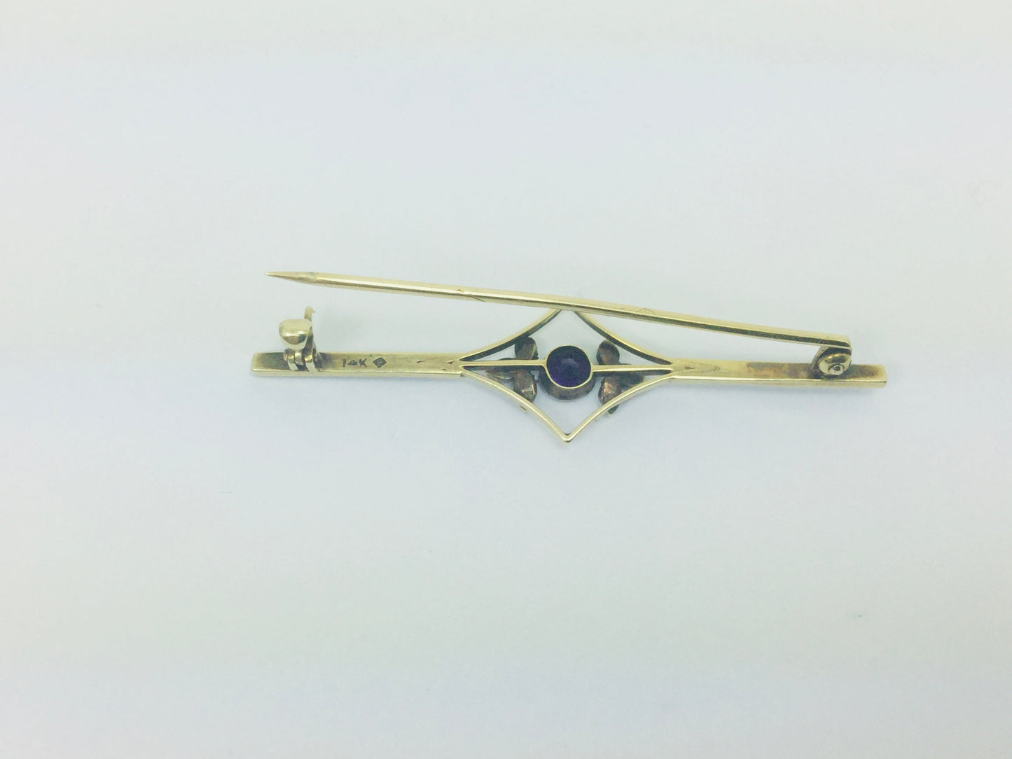 14k Yellow Gold Amethyst and Seed Pearl Vintage Brooch Pin