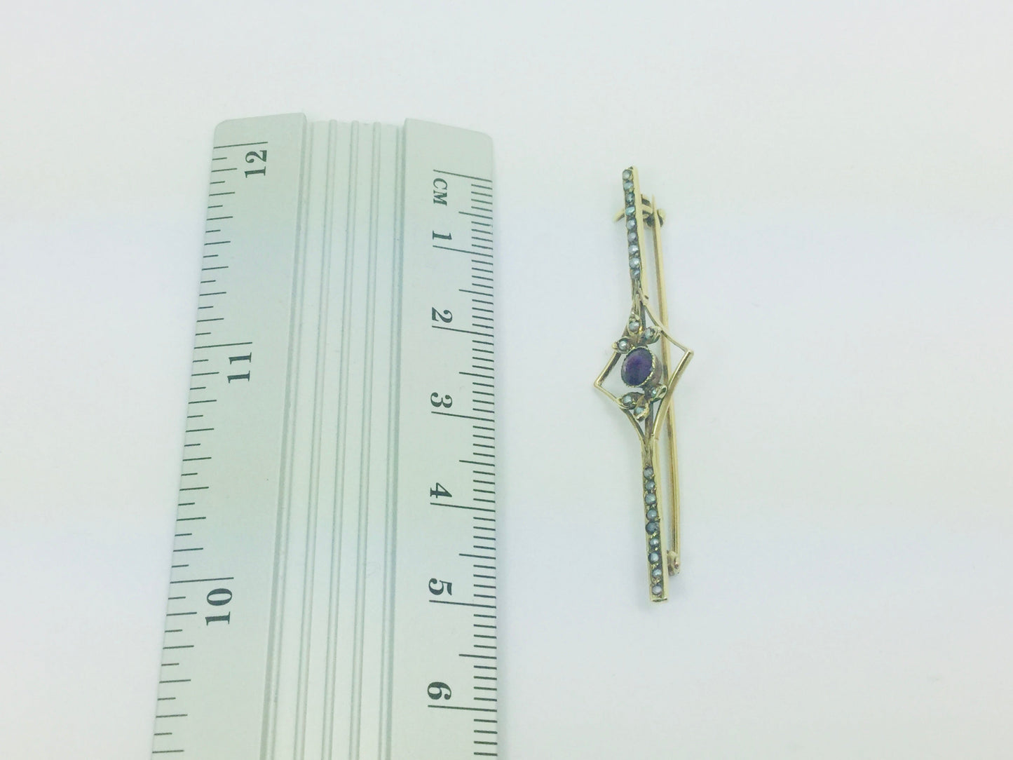 14k Yellow Gold Amethyst and Seed Pearl Vintage Brooch Pin