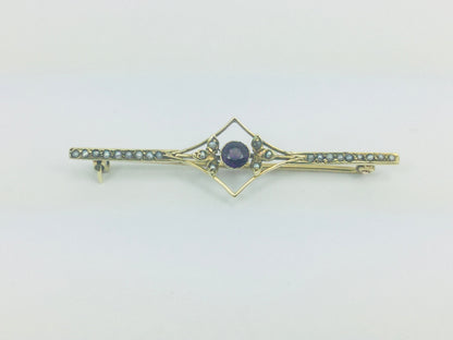 14k Yellow Gold Amethyst and Seed Pearl Vintage Brooch Pin