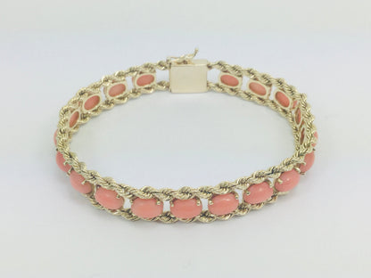 10k Yellow Gold Pear Cut Coral Ring and 14k Oval Cut Coral Bracelet Set