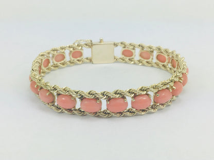 10k Yellow Gold Pear Cut Coral Ring and 14k Oval Cut Coral Bracelet Set