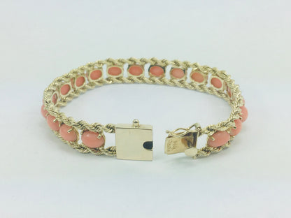 14k Yellow Gold Oval Cut Cabochon Coral Bracelet