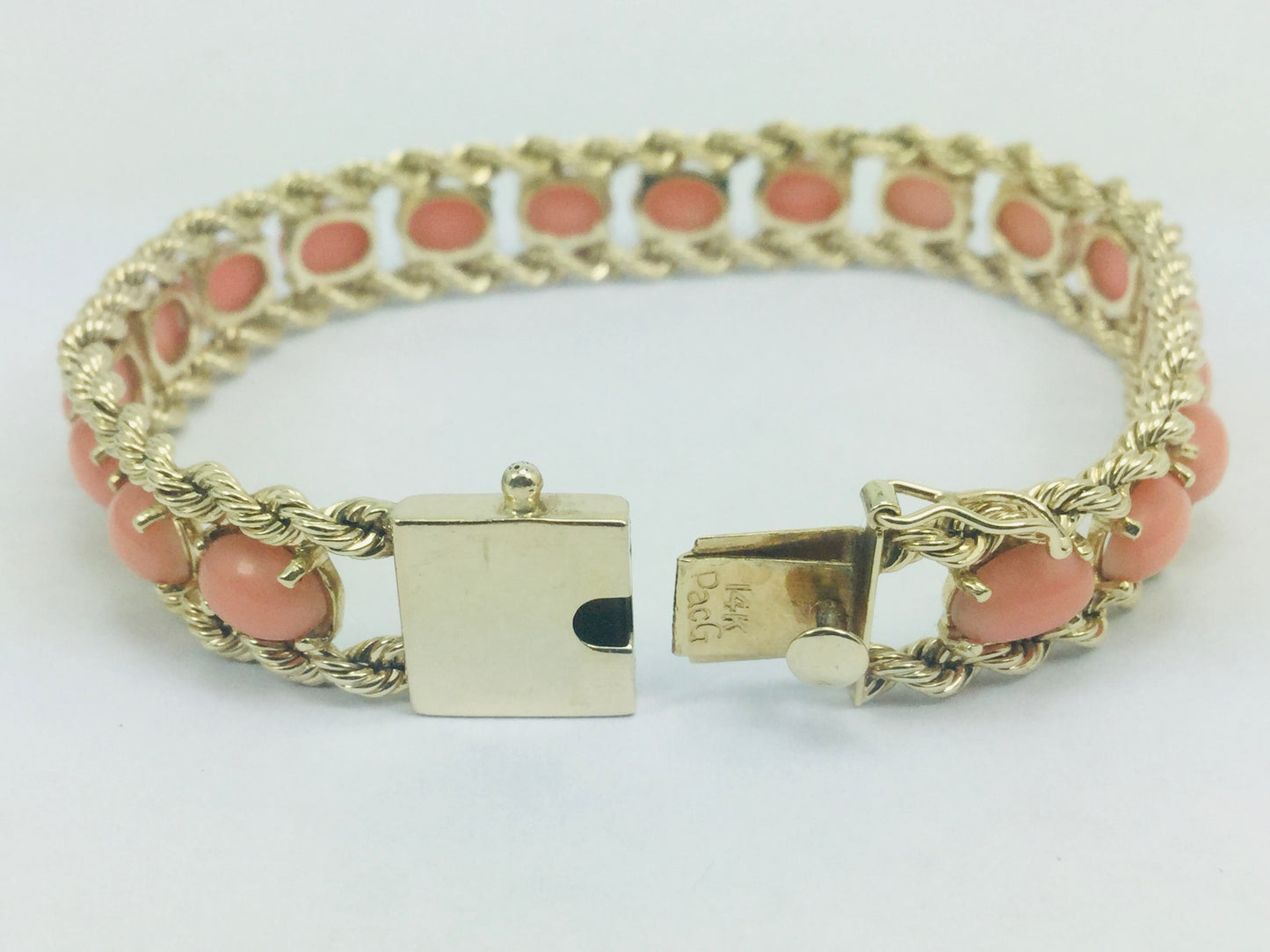 10k Yellow Gold Pear Cut Coral Ring and 14k Oval Cut Coral Bracelet Set