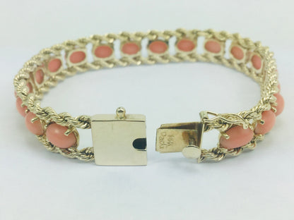14k Yellow Gold Oval Cut Cabochon Coral Bracelet