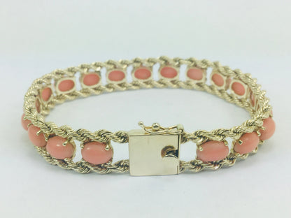 14k Yellow Gold Oval Cut Cabochon Coral Bracelet